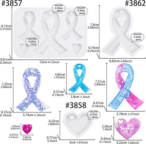 Awareness Ribbon Keychain Epoxy Resin Silicone Molds with Heart, for Pendant Charm Jewelry Casting Fondant Cake Chocolate Pudding Cookie Soap Poly...