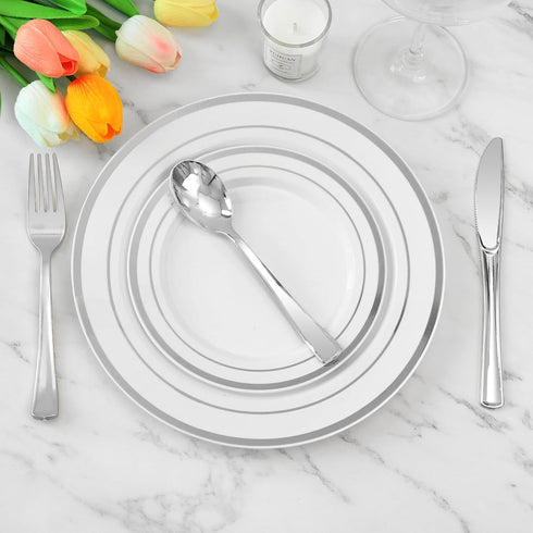 50 Pack 6.9 Inch Silver Plastic Spoons, Heavy Duty Plastic Silverware, Heavyweight Silver Disposable Spoons, Disposable Serving Utensils for Cater...