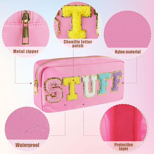 Preppy Patch Makeup Bag,Nylon Cosmetic Preppy Makeup Stuff Bag with Zipper,Stoney Clover Chenille Varsity Letter Stuff Bag,Travel Organizer Make U...