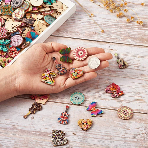 MegaPet 300pcs Assorted Wood Buttons Butterfly Guitar Cat Flat Round Heart Shaped Decorative Button Mixed Painting 2 Holes for Sewing Clothing Cra...