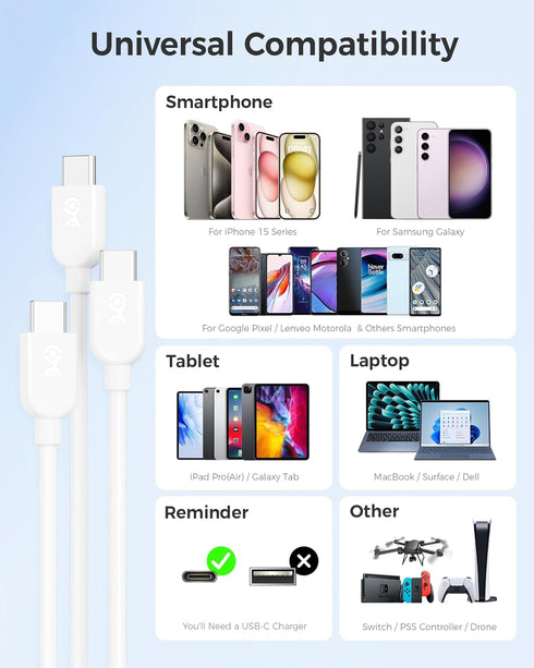 Cable Matters 3-Pack Extreme Flexible Long USB C Charging Cable 10ft in White, Support 60W PD, Apple CarPlay, Android Auto, USB C to USB C Cable f...