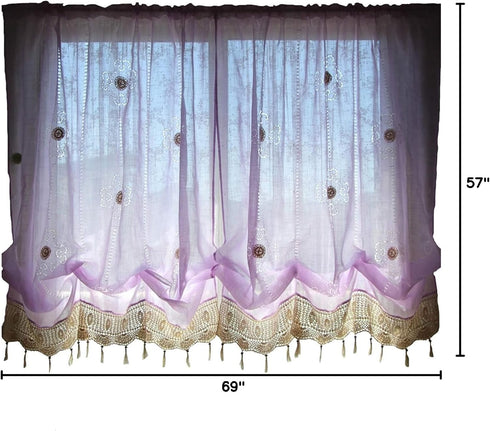 ABREEZE Cutwork Crochet Embroidered Curtain,Tassels Curtains Tie-Up Shade Sheer Curtains Adjustable Valances for Living Room,Light Purple 1Panel...