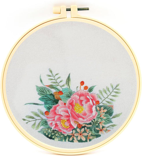 FOXTEMO Embroidery Kit for Beginners Adults, 1 Pack 20CM Embroidery Hoops, Flowers Embroidery Pattern Beginner Embroidery Kit with Needles and Thr...