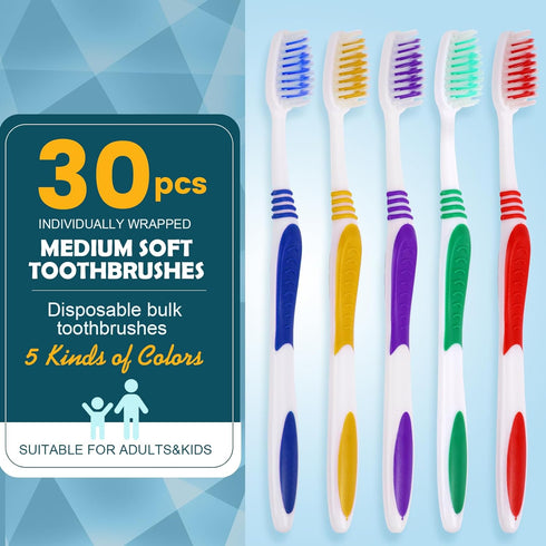 Navona 30 PCS Individually Wrapped Bulk Toothbrush Pack, Colorful Manual Disposable Toothbrush Set for Adult or Kid, Ergonomics Handle, Soft Brist...