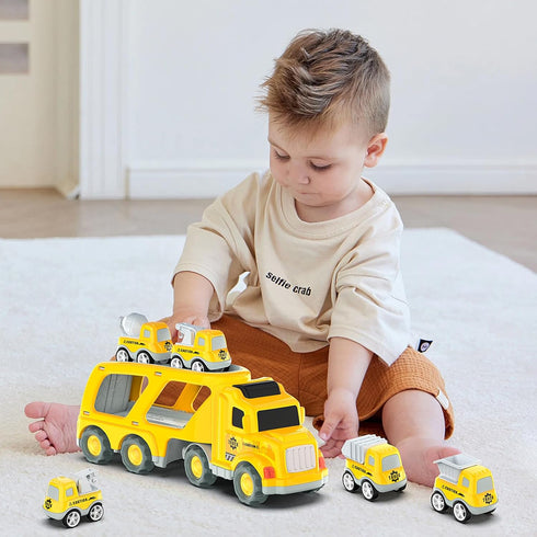 Trucks Cars Toys for 3 4 5 6 7 Year Old Boy Toddler, 5 in 1 Carrier Transport City Vehicles Toys with Light Sound, Christmas Birthday Gift for Tod...