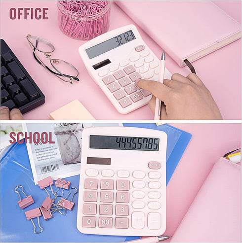 Cute Pink Desktop Calculator with Big Buttons, Dual Power Source, Solar and Battery, Large LCD Display, 2 Pack Desk Calculator- Perfect for Basic ...