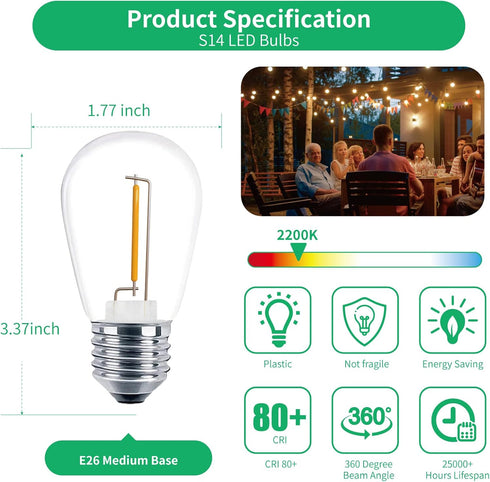 Meconard 30 Pack S14 Edison String Light Bulbs, 1 Watt Replacement Bulbs for Outdoor String Lights, Low Wattage Shatterproof LED Filament Patio Bu...