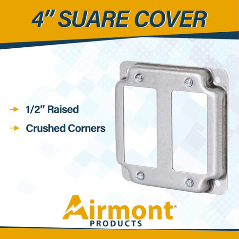 AP-12094, 4" Square Double Decora Switch Electrical Box Cover, 1/2" Raised, Exposed Work, Galvanized Steel, Crushed Corners, 2-Gang...