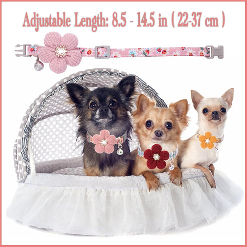 Small Dog Collar with Flower, Puppy Collar for Girl Dog Collars for Small Dogs Cute Dog Collar with Bell, Adjustable Length (Pink)...