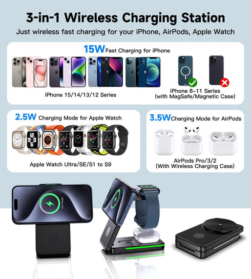 Doeboe Wireless Charging Station for Apple Devices, 3 in 1 Mag-Safe Wireless Charger for iPhone 15 14,13,12 Pro Max/Pro/Plus/Mini, Apple Watch Ult...