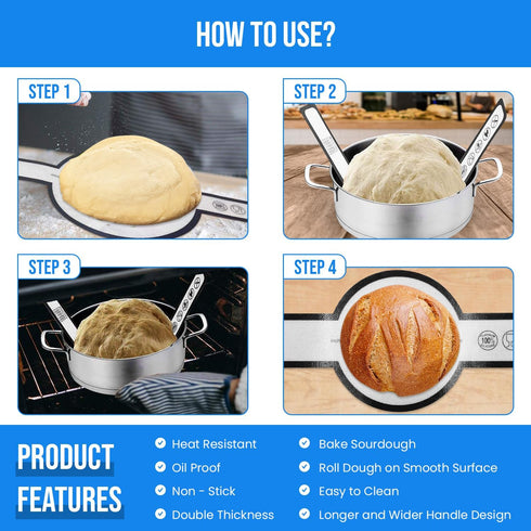 Extra-long Dutch oven 2 PCS silicone re-useable bread baking sling mat + 1 bread lame. Wide sling handles, non-stick, heat resistant for sourdough...