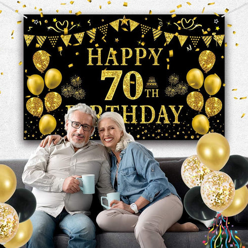 Trgowaul 70th Birthday Backdrop Gold and Black 5.9 X 3.6 Fts Happy Birthday Party Decorations Banner for Women Men Photography Supplies Background...
