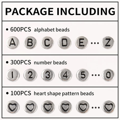 Yochus 1000pcs Silver Mixed Round Acrylic Beads 4x7mm Black Alphabet Number Heart Shape Bead for Jewelry Making and DIY Bracelets...