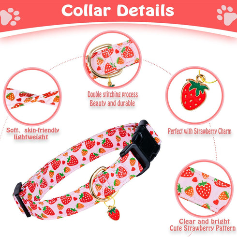 Cute Cotton Dog Collar for Small Medium Large Dogs Special Design Cute Pink Strawberry Dog Collar for Girl Female Dogs Soft Adjustable Strawberry ...