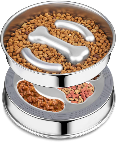 PETTOM Dog Bowl Slow Feeder, Non Slip Stainless Steel Slow Feeder Dog Bowl 3 Cups Metal Dog Food Bowls for Small Medium Dogs Double-Sided Design P...