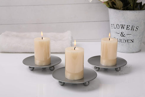Scwhousi Silver Iron Plate Candle Holder, Decorative Iron Pillar Candle Holder, Set of 3,Candle Stand for Wax Candles...