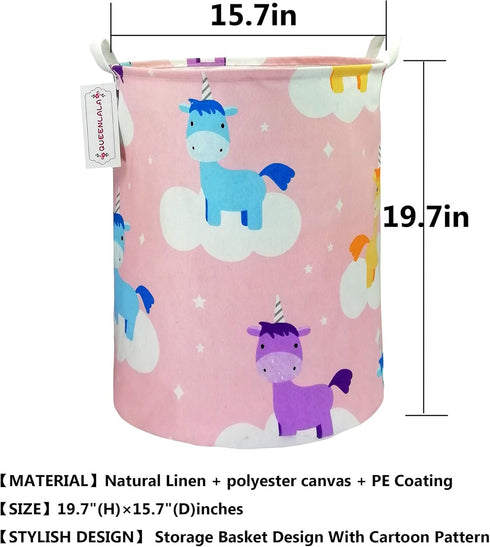 QUEENLALA Large Storage Basket,Laundry Hamper/Bathroom/Home Decor/Collapsible Round Storage Bin,Boys and Girls Hamper/Boxes/Clothing(Pink Unicorn)...