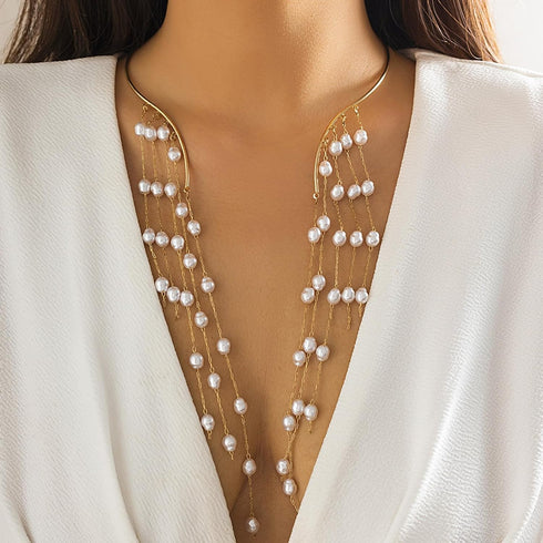 Metal Pearl Open Choker Necklace Adjustable Gold Pearl Choker Necklaces for Women Round Open Cuff Necklace Elegant Cuff Collar Necklace Statement ...