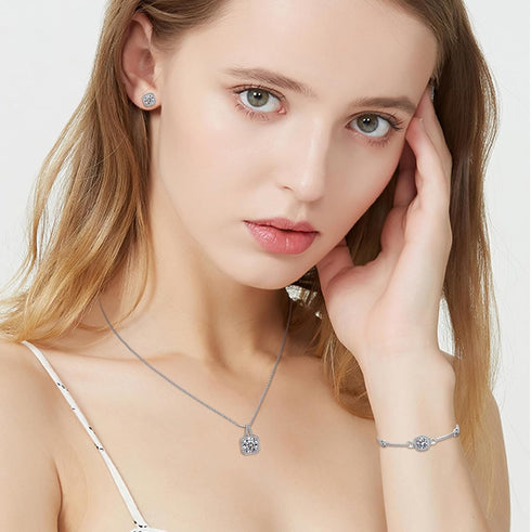 Hadskiss Silver Cubic Zirconia Earrings and Pendant Necklace Link Bracelet Set for Women 14K White Gold Plated Square Wedding Jewelry Sets for Bri...