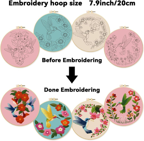 ORIGACH 4 Pack Flowers and Hummingbird Embroidery Kits for Beginners, DIY Starter Hand Embroidery Kit with Floral and Birds Patterns and Instructi...