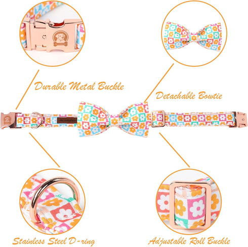 Dog Collar for Spring and Summer, Cotton Dog Collar with Bow with Safety Metal Buckle, Adjustable Puppy Collar for Small, Medium and Large Dogs L...