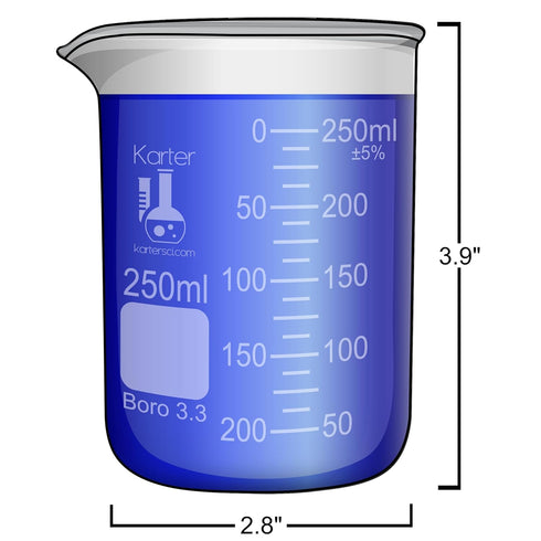 Karter Scientific 214T2, 3.3 Boro, Griffin Low Form, Glass Beaker Set - 4 Sizes - 10ml, 50ml, 100ml, 250ml...