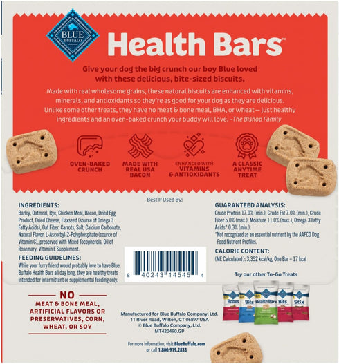 Blue Buffalo Health Bars Natural Crunchy Dog Treats TO-GO, Mini Biscuits, Bacon, Egg & Cheese 1-oz Bags (Pack of 12)...