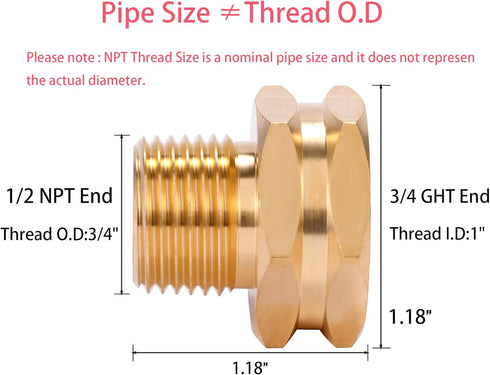 Garden Hose Adapter,3/4" GHT Female to 1/2" NPT Male Connector, Brass Garden Hose Convert Adapter Fitting, Garden Hose Thread to 1/2" Male Pipe Th...