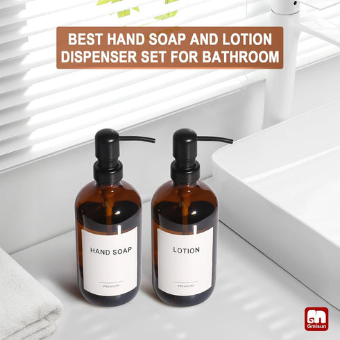 GMISUN Amber Glass Soap Dispenser, 2 Pack Bathroom Hand Soap Dispensers with Stainless Steel Pump, 17 Fl Oz Kitchen Hand and Dish Soap Dispenser S...