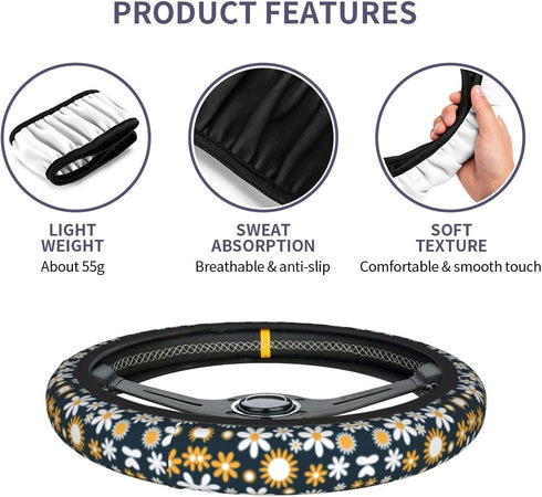 Daisy Flowers Car Steering Wheel Cover, White and Yellow Daisy Print Auto Steering Wheel Cover for Women, Anti-Slip Universal Fit 14.5-15 inch Car...