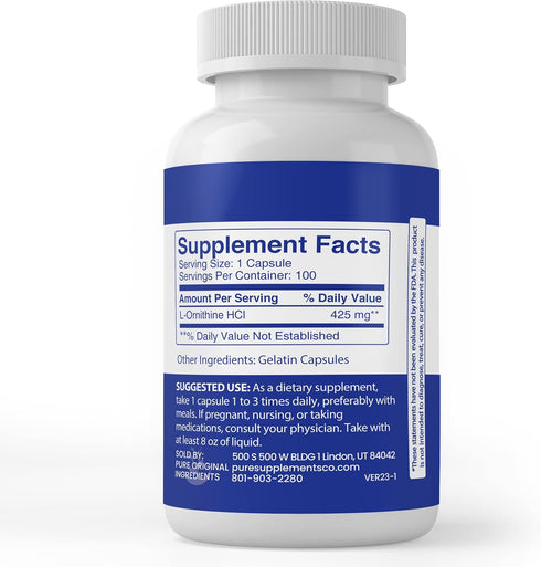 Pure Original Ingredients L-Ornithine, (100 Capsules) Always Pure, No Additives Or Fillers, Lab Verified...