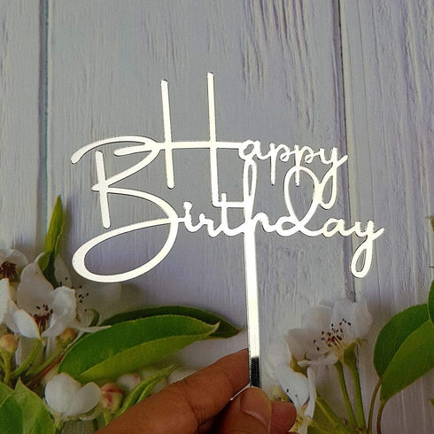 Happy Birthday Cake Topper for Birthday Party Decorations - Mirror Silver Acrylic...