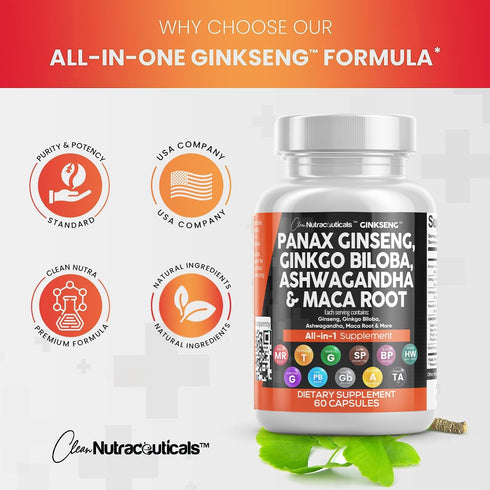 Clean Nutraceuticals Panax Ginseng 10000mg Ginkgo Biloba 4000mg Ashwagandha Maca Root 3000mg - Focus Supplement Pills for Women and Men with Pine ...