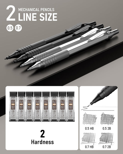 Nicpro 4 Pack Metal Mechanical Pencil Set 0.5 mm & 0.7mm with Case, Artist Pencil MP1000 with 8 Tubes HB & 2B Lead Refill, 3 Eraser, 9 Eraser Refi...