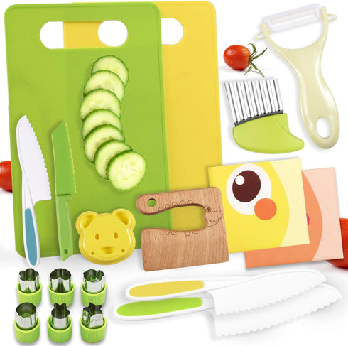 18 Pieces Montessori Kitchen Tools Cookware Baking Toy for Toddlers Kids, Toddler Safe Knife Set for Real Cooking, w/ Cutting Boards, Crinkle Cutt...