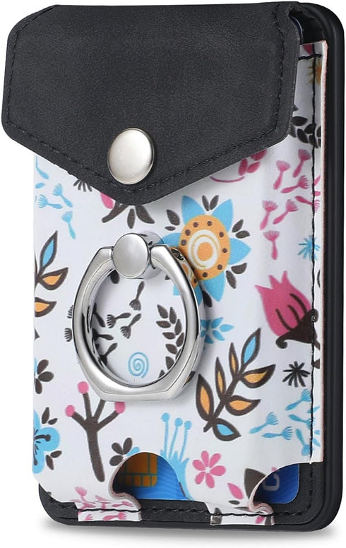 Card Holder for MagSafe Wallet with Ring for iPhone 15/14/13/12 Series, Strong Magnetic Card Holder Flowers Wallet Fit 5 Cards Sleeve Pocket Flora...