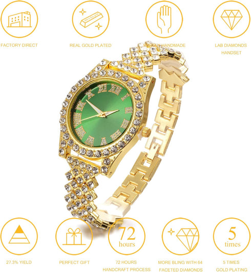 Halukakah Diamonds Gold Watch Iced Out,Women's 18K Real Gold/Platinum White Gold Plated 36MM Width Green/Blue/Red Dial Quartz Wristband 8" with Cu...