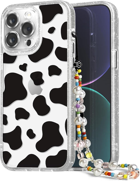 Compatible for iPhone 14 Pro Case Cute Aesthetic - Glitter Clear Phone Case with Camera Protector - Milk Cow Print Cover with Wrist Strap Design f...