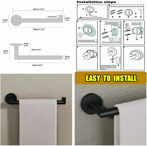 Alise Hand Towel Holder Towel Ring for Bathroom Lavatory,Black Towel Bar Towel Hanger Wall Mount SUS304 Stainless Steel Towel Rack,Matte Black Fin...