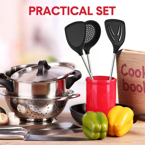 3 Pieces Silicone Stainless Steel Turner Spatula Set Includes Flexible Silicone Wok Spatula Slotted Spatula Skimmer Slotted Spoon for Nonstick Coo...