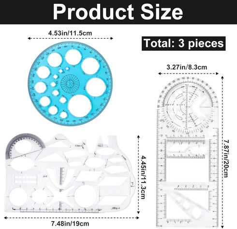 3pcs Multifunctional Geometric Ruler+ 1pc Circle Templates Protractor Plastic Mathematics Drawing Ruler for Student School Office Supplies and Bui...