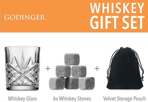 Godinger Whiskey Glass and Whiskey Stones, Gift Set Includes Old Fashioned Whiskey Glasses, 6 Whiskey Rocks Chilling Stones and Storage Pouch, Gif...