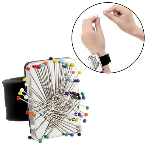 WILLBOND Magnetic Wrist Sewing Pincushion Wrist Magnetic Pin Holder Wristband Pin Cushion Holder with 3 Pcs Stainless Steel Pintail Comb Rat Tail ...