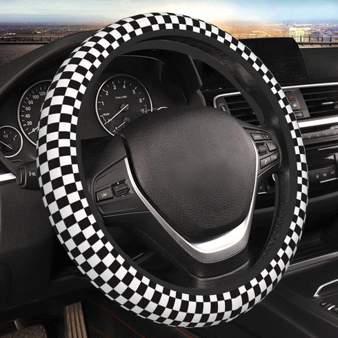Black White Square Grid Pattern Steering Wheel Covers,Anti Slip Sweat Absorption Elasticity Car Accessories Steering Wheel Protector Universal 15 ...