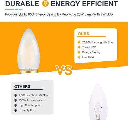 Frosted E26 LED Candle Light Bulbs 25W Equivalent- 2W Dimmable Chandelier E26 LED Bulb- 2700K Soft Warm- B11 Antique Candelabra Lightbulbs for Bed...