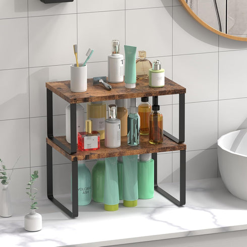 Set of 4 Counter Shelves Kitchen Stackable Cabinet Shelf Wood Organizer Expandable Counter Top Racks Brown Bathroom Counter organizer...