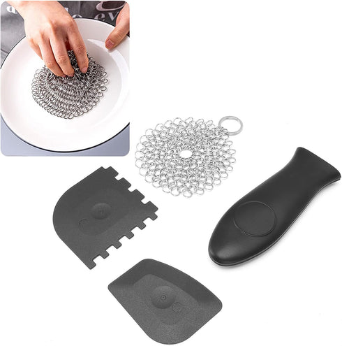 Stainless Steel Cast Iron Cleaner Kit, Chainmail Scrubber for Cast Iron Pans, Toothed Scraper with Handle Cover, Durable Scrubber for Cleaning Dut...