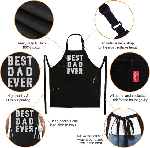 BBQ Funny Apron for Men - Best Dad Ever - Chef Bib Apron with 2 Pockets, Adjustable Neck Strap and 40" Long Ties - Best for Kitchen Cooking, Grill...