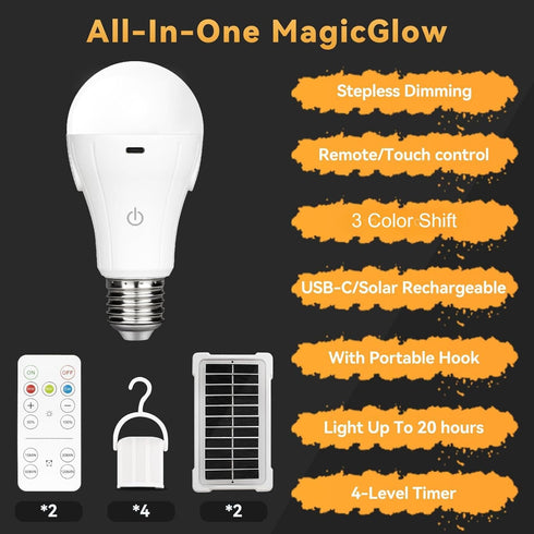 Neporal MagicGlow Rechargeable Solar Light Bulbs with Remote, USB+Solar Rechargeable Bulbs,3 Colors Shift + Dimmable Battery Light Bulb, A19 Emerg...