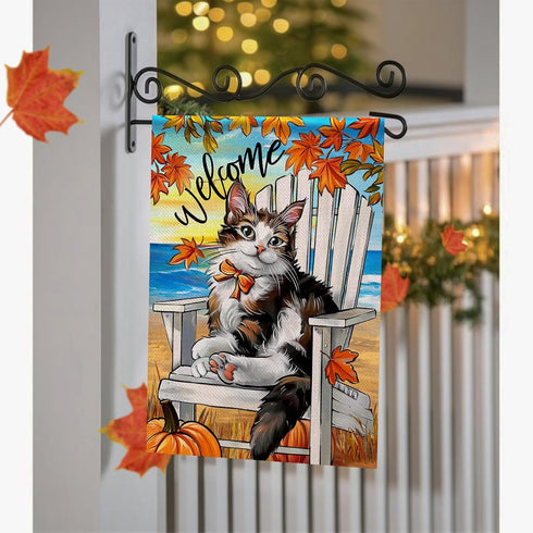 Welcome Fall Cat Beach Chair Decorative Garden Flag, Autumn Pet Coastal Maple Leaves Pumpkin Yard Outside Decorations, Thanksgiving Nautical Outdo...